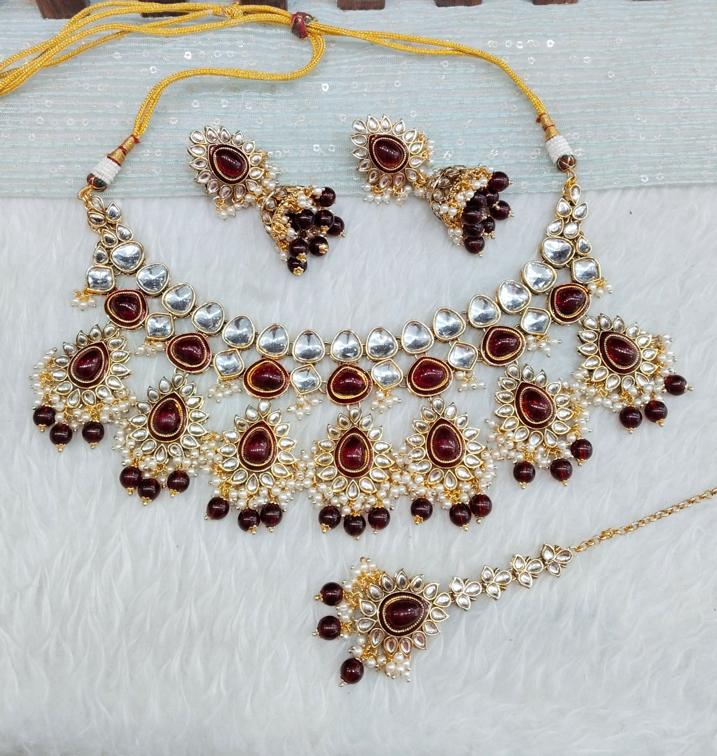 Maroon Gold Kundan Necklace Indian Jewellery Homeland Set