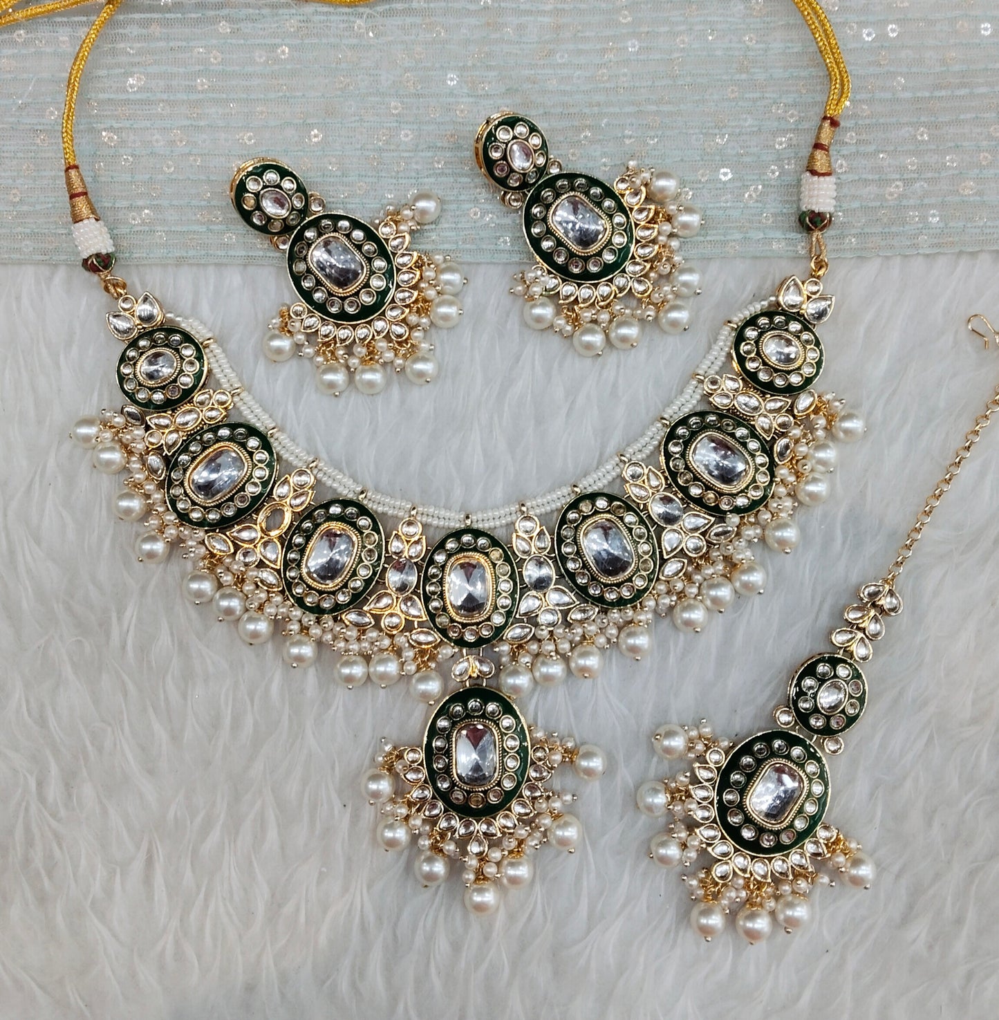 Green Gold Kundan Necklace Indian Jewellery Alone Set