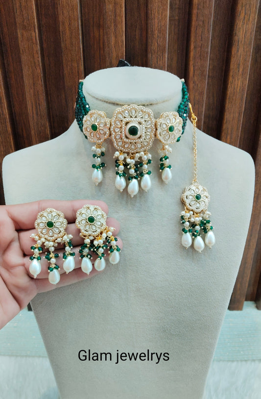Green Gold Kundan Choker Indian Jewellery Hardik Set