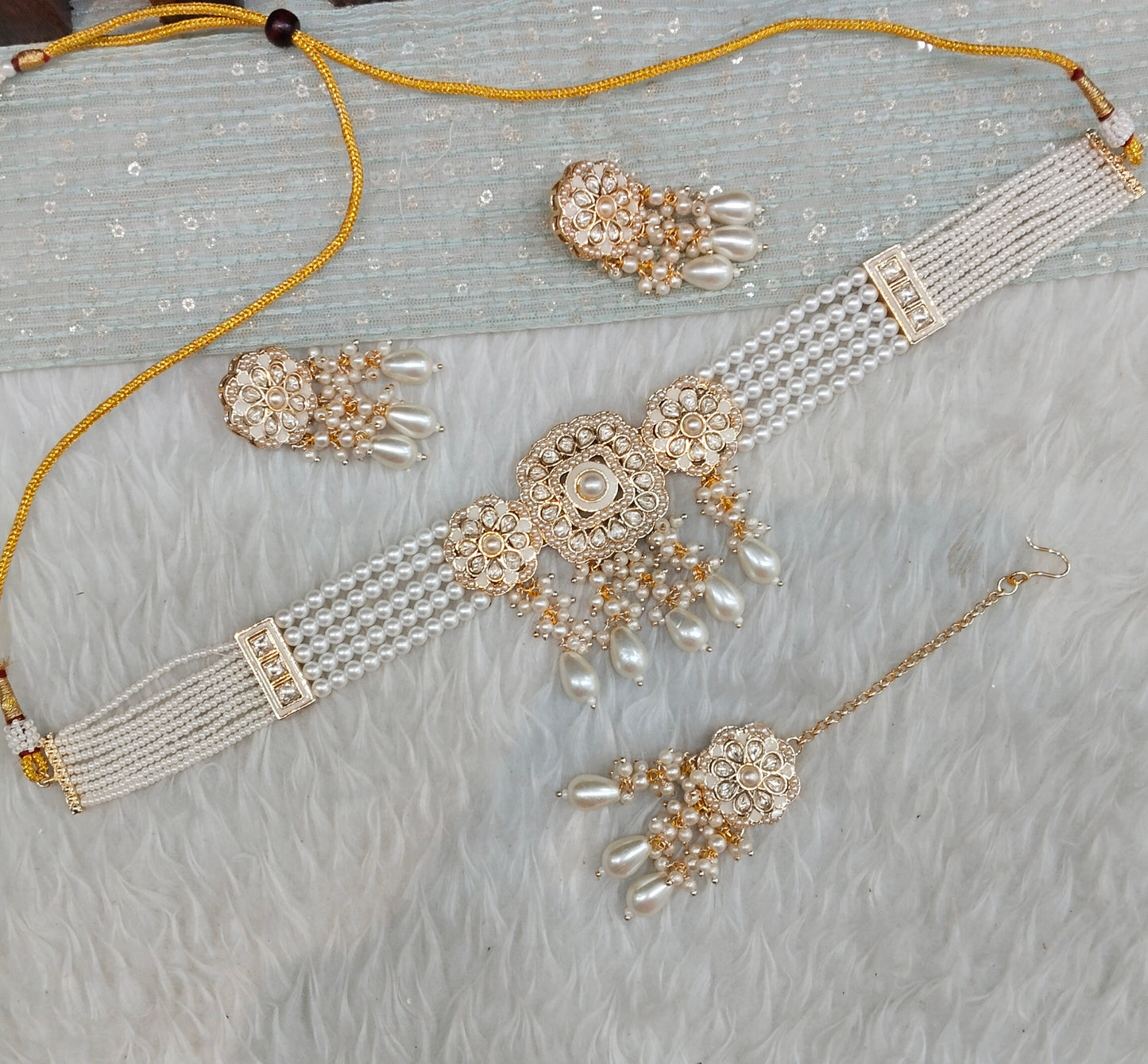 White Gold Kundan Choker Indian Jewellery Hardik Set