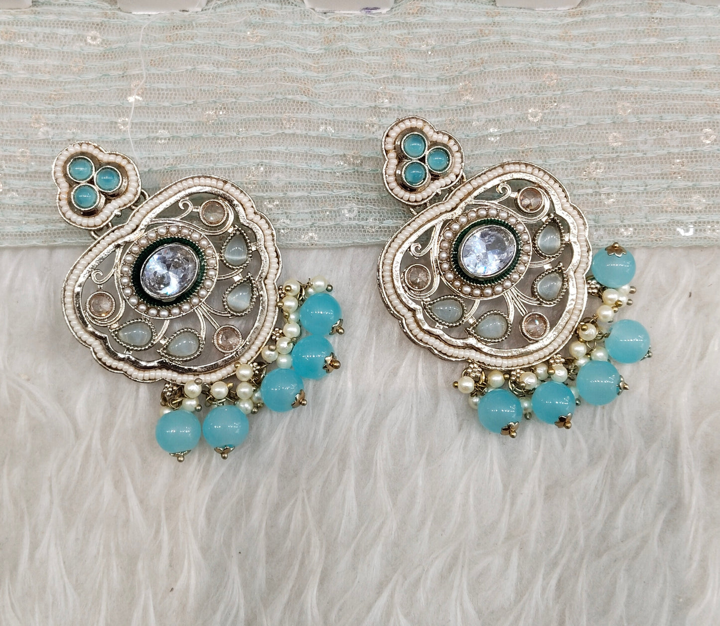 Sea Green Antique Gold Bollywood Preet Indian Earrings