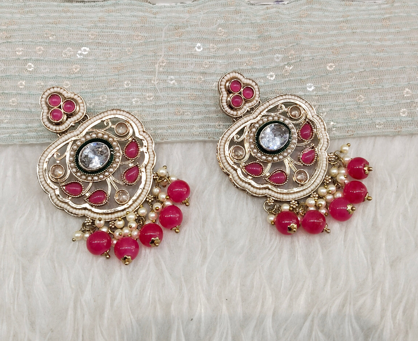 Dark Pink Antique Gold Bollywood Preet Indian Earrings