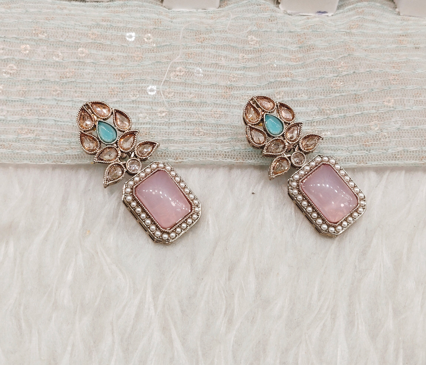 Sea Green Pink Antique Gold Bollywood Fine Indian Earrings