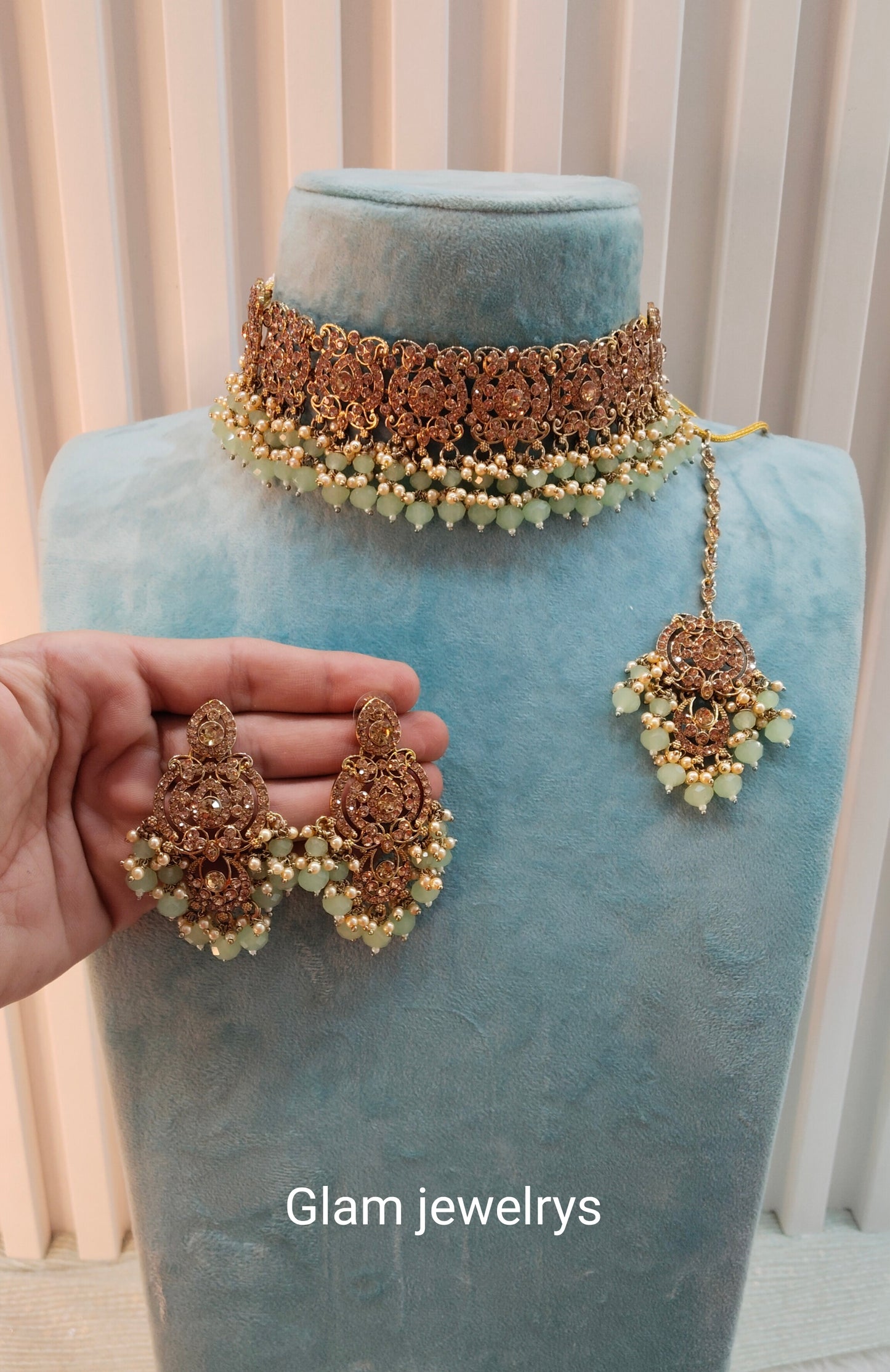 Pastel Green Antique Gold Choker Indian Jewellery David Set