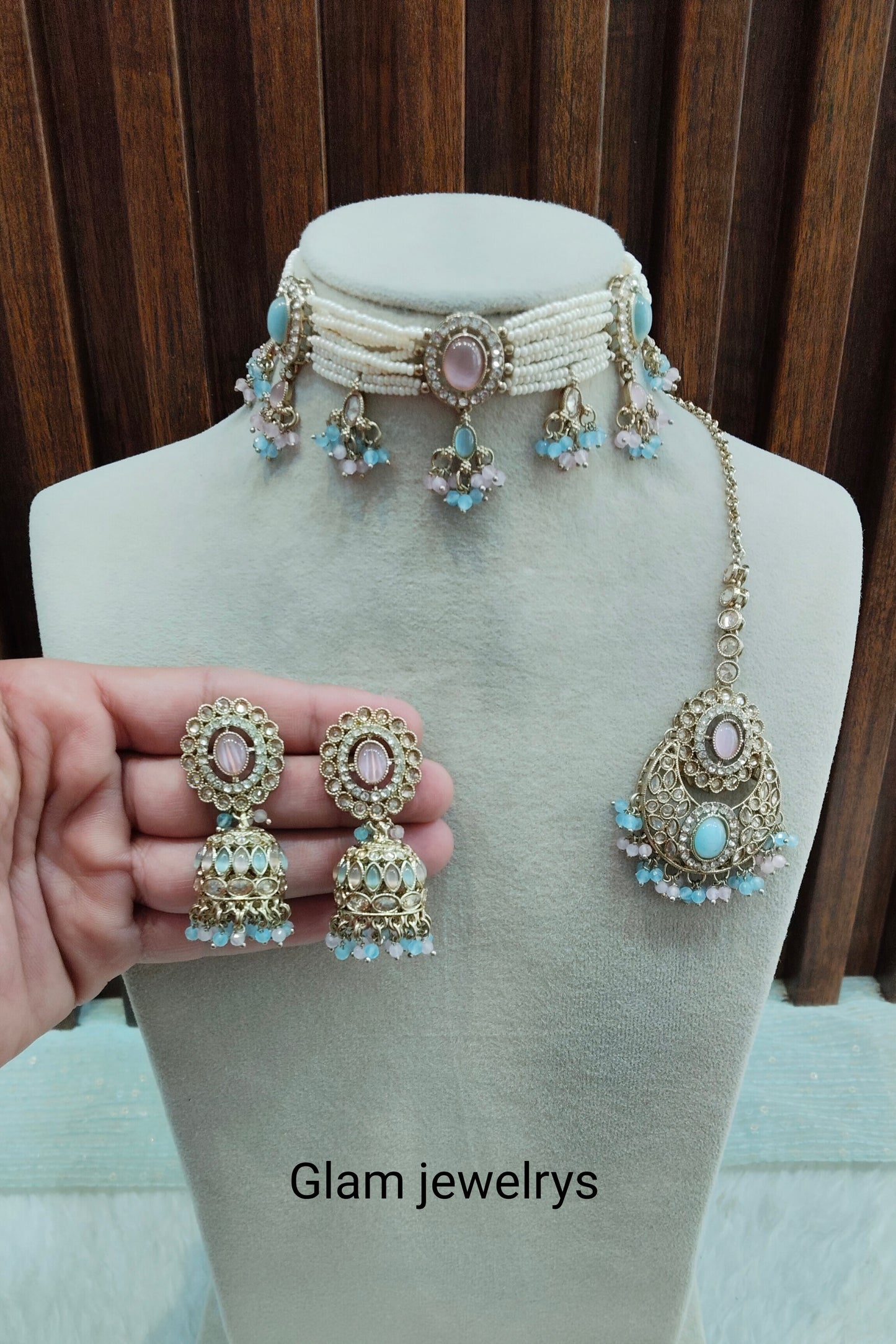 Sea Green Champagne Stone Choker Indian Jewellery Juliet Set
