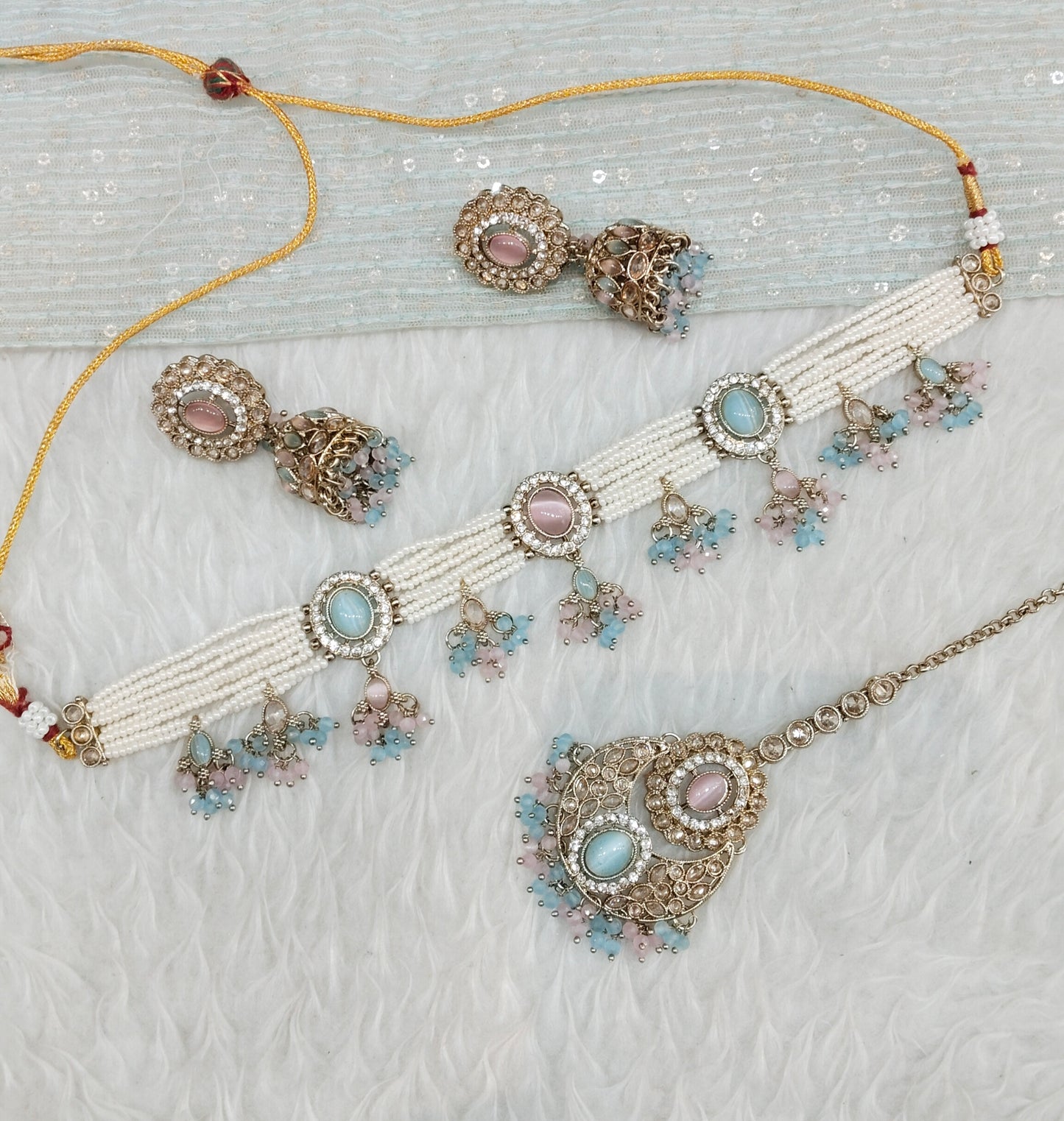 Sea Green Champagne Stone Choker Indian Jewellery Juliet Set