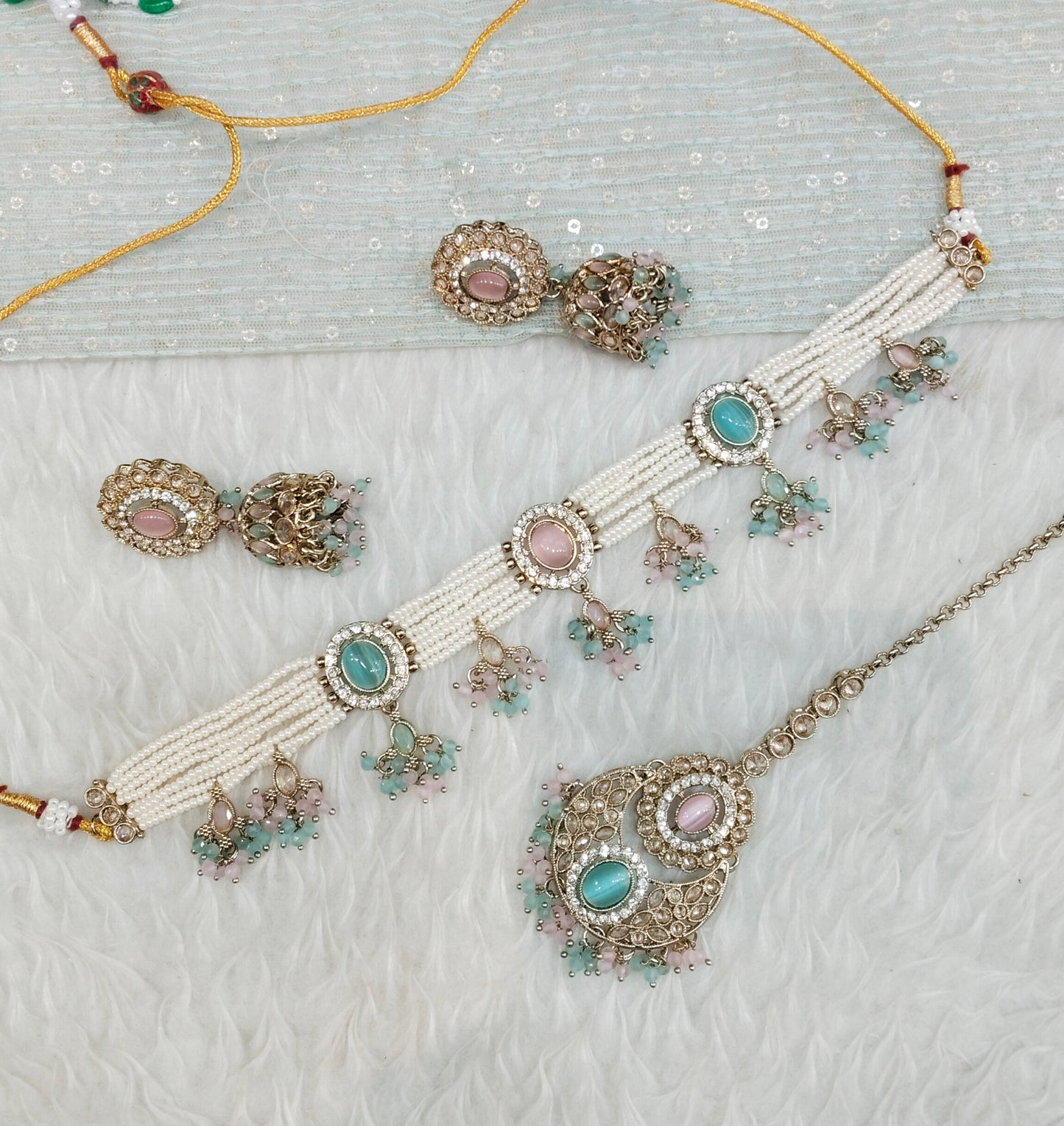 Mint Pink Champagne Stone Choker Indian Jewellery Juliet Set