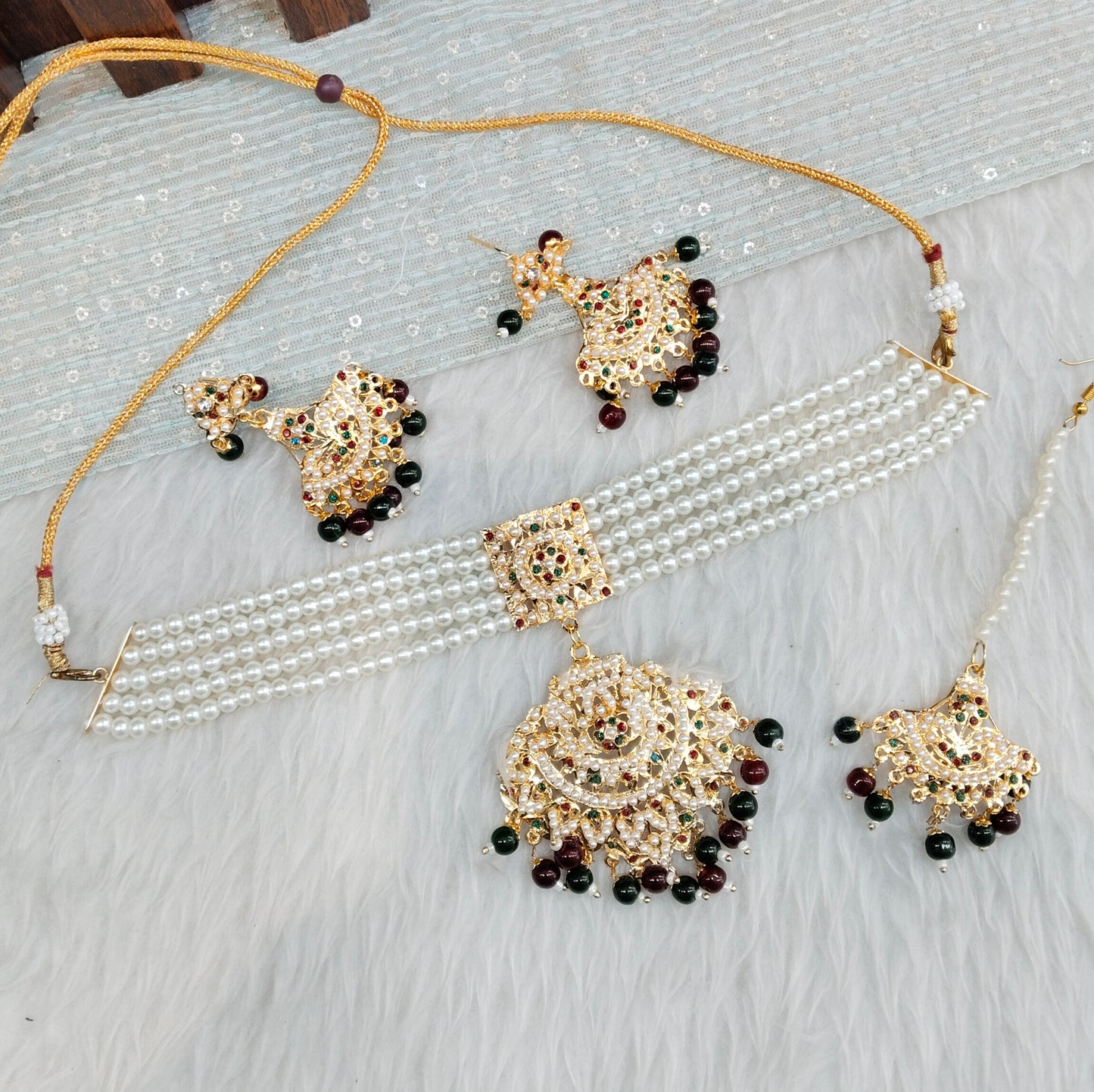 Indian Ruby Green Jadau Choker Jewellery Set