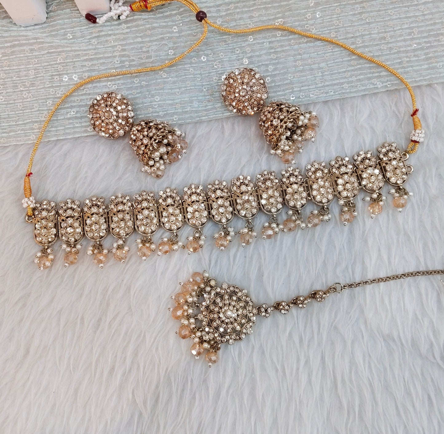 Antique Gold Choker Indian Jewellery Pakistani Jhumar Tejasvi Set