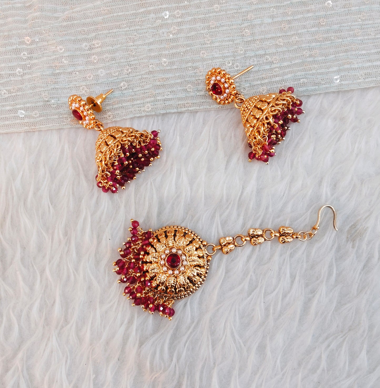 Ruby Gold Jhumki Indian Bollywood Earrings and Tikka
