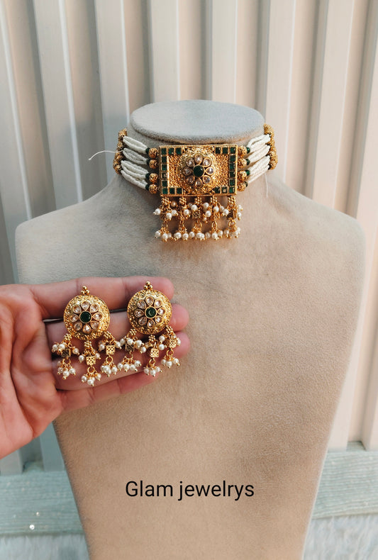 Green Gold Polki Choker Indian Jewellery Pyar Set