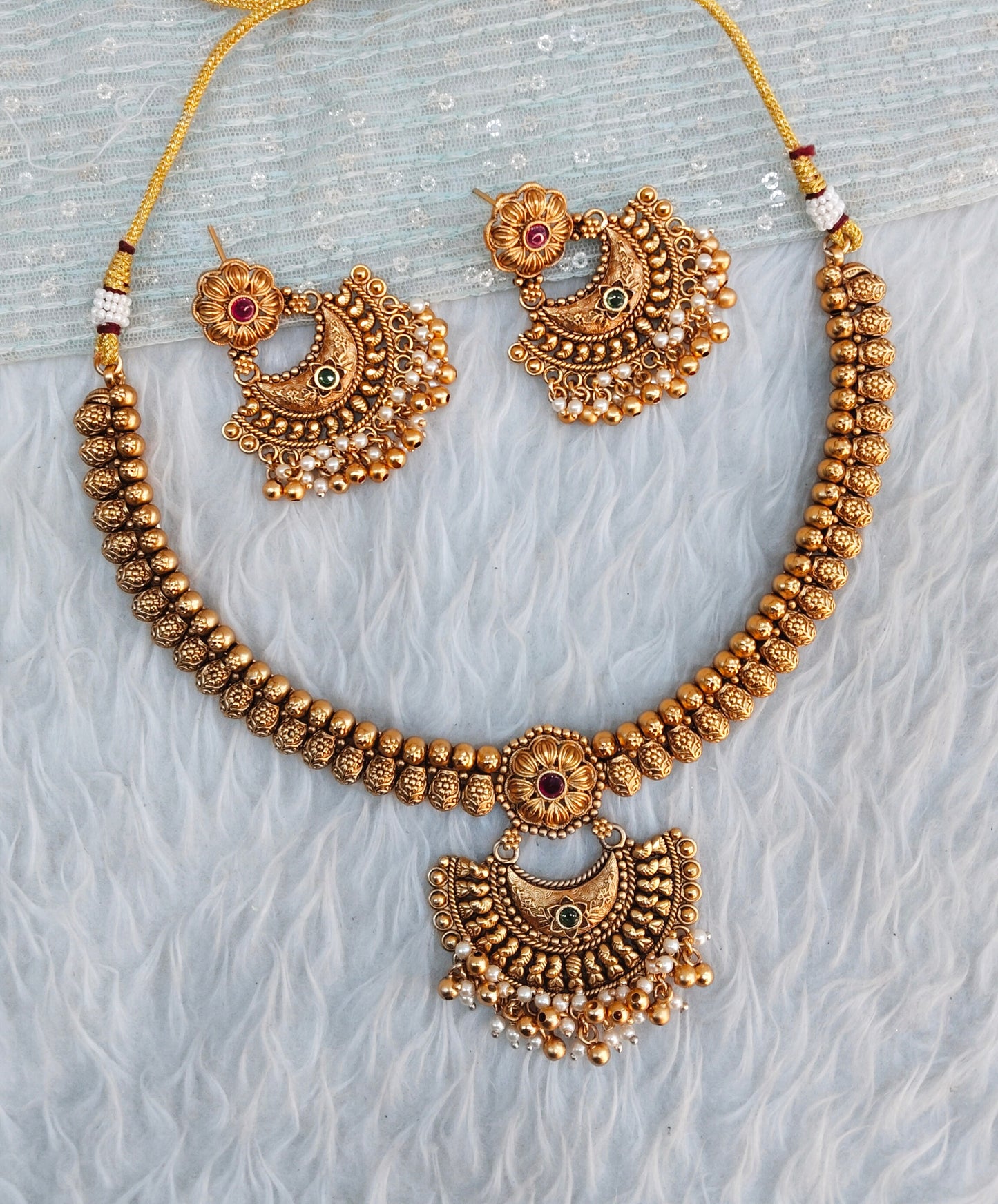 Ruby Green Gold Polki Necklace Indian Jewellery Harf Set