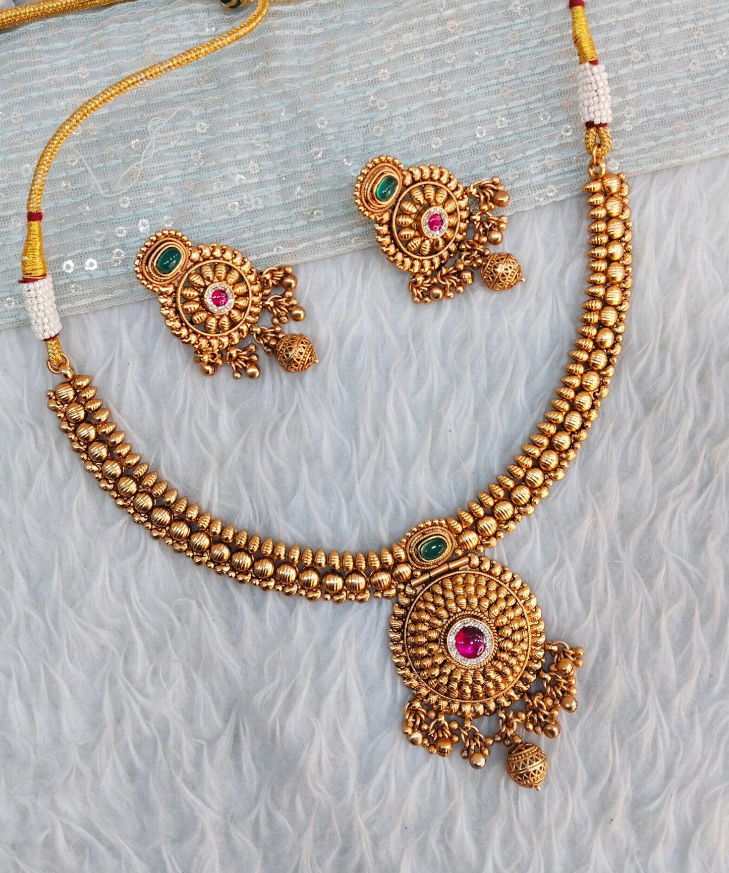 Ruby Green Gold Polki Necklace Indian Jewellery Harf Set
