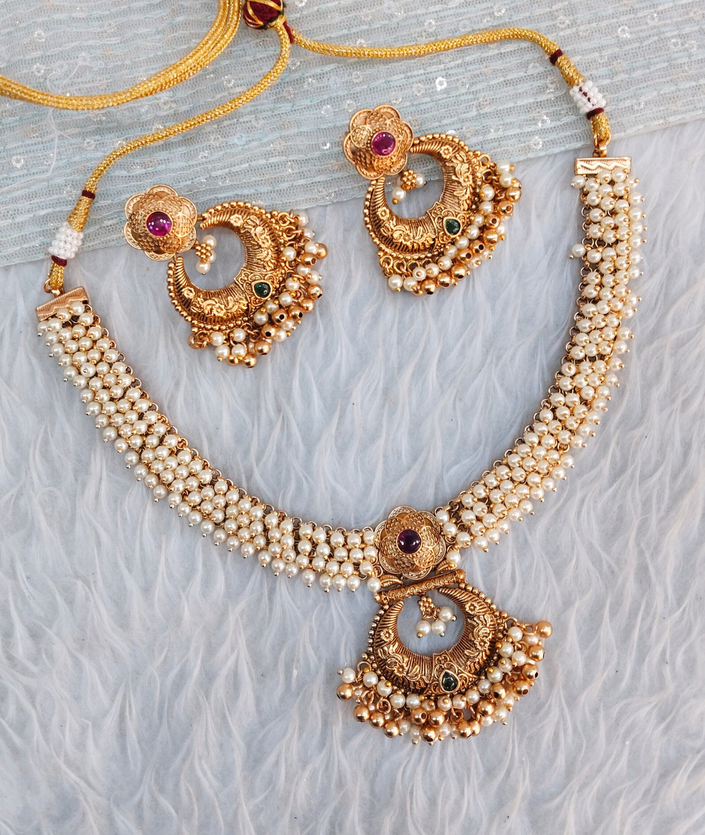 Ruby Green Gold Polki Necklace Indian Jewellery Harf Set