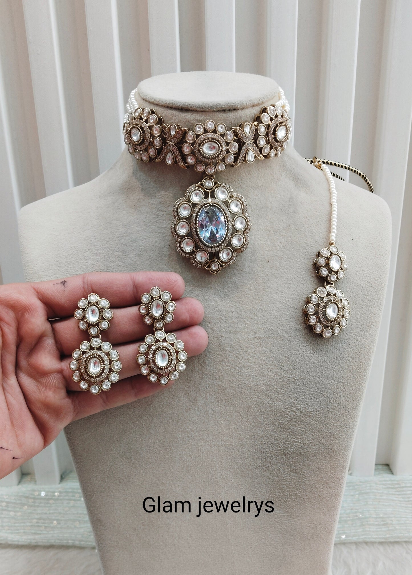 White Gold Moissanite Kundan Choker Indian Jewellery Gulab Set