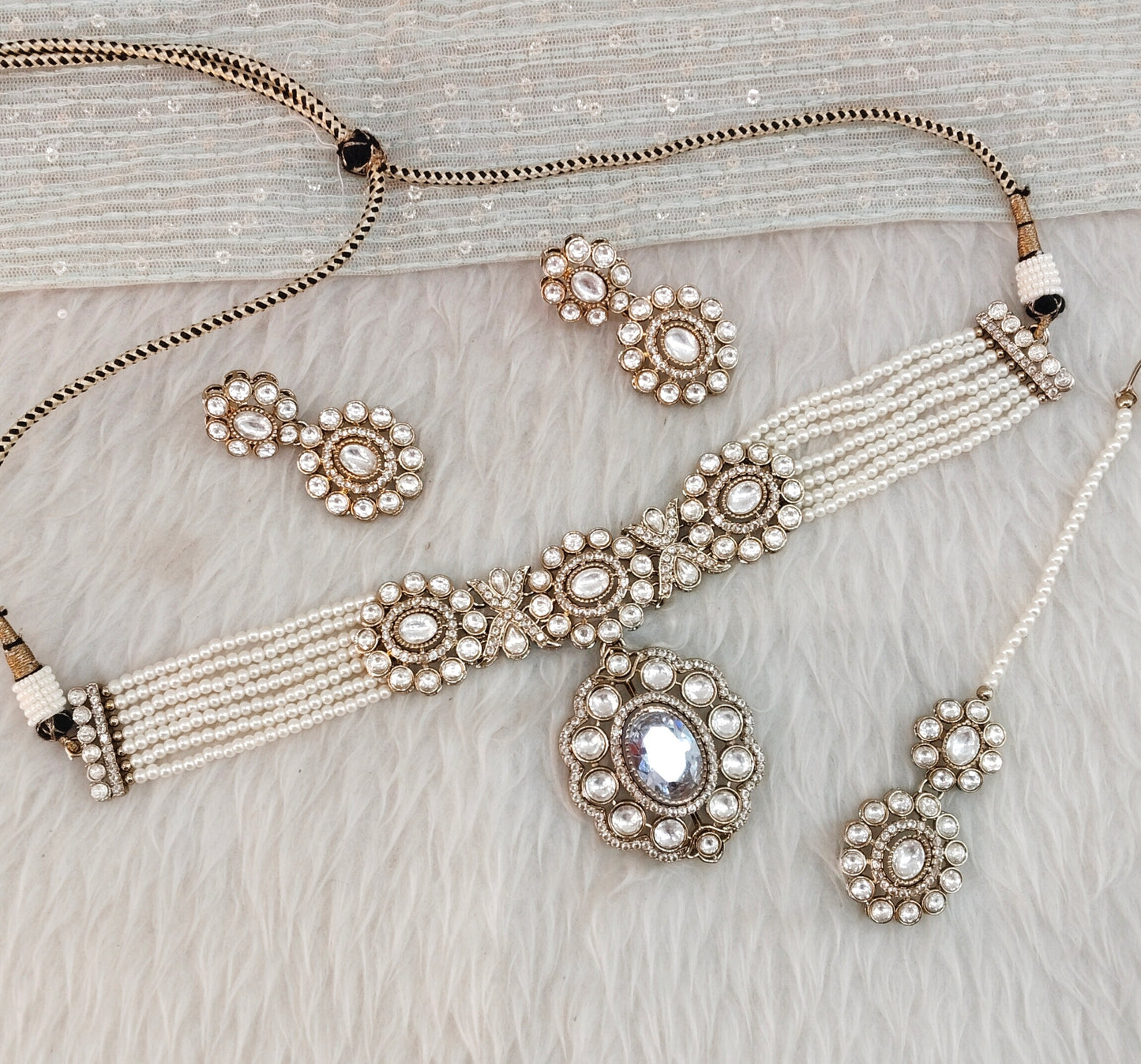 White Gold Moissanite Kundan Choker Indian Jewellery Gulab Set