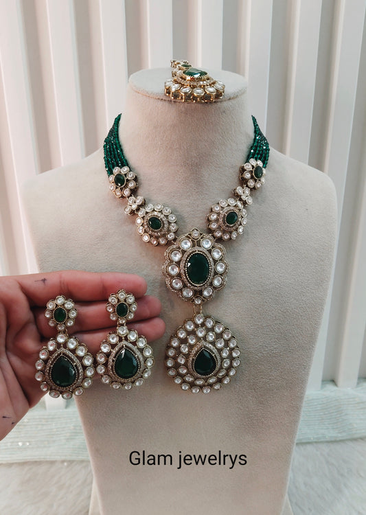 Green Gold Moissanite Kundan Necklace Indian Jewellery Gulab Set