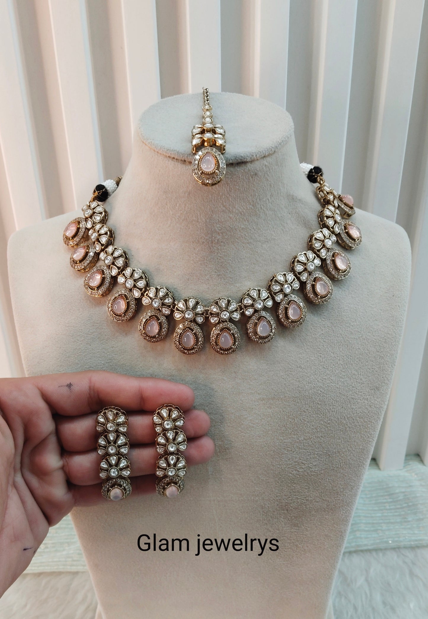 Pink Gold Moissanite Kundan Necklace Indian Jewellery Kartar Set