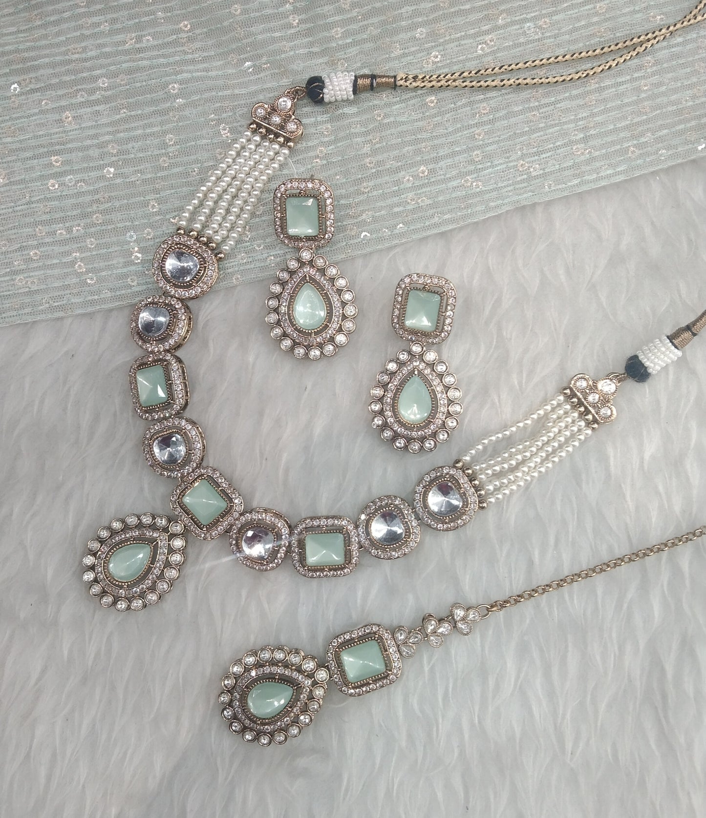 Pastel Green Gold Moissanite Kundan Necklace Indian Jewellery Manddy Set