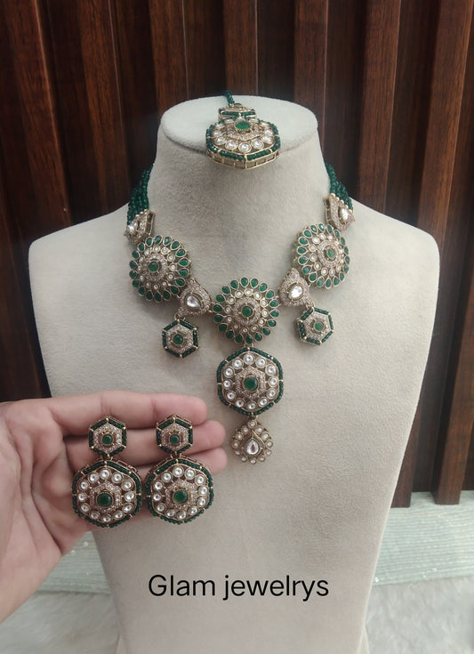 Green Gold Moissanite Kundan Necklace Indian Jewellery Gippy Set