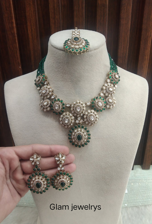Green Gold Moissanite Kundan Necklace Indian Jewellery Manddy Set