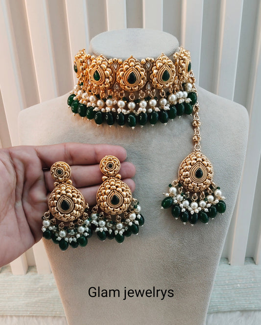 Green Gold Punjabi Choker Indian Jewellery Birpal set