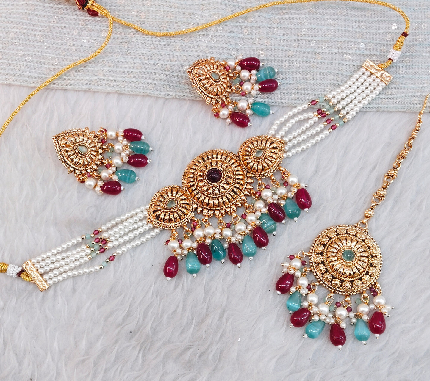 Ruby Sage Green Gold Punjabi Choker Indian Jewellery Birpal set