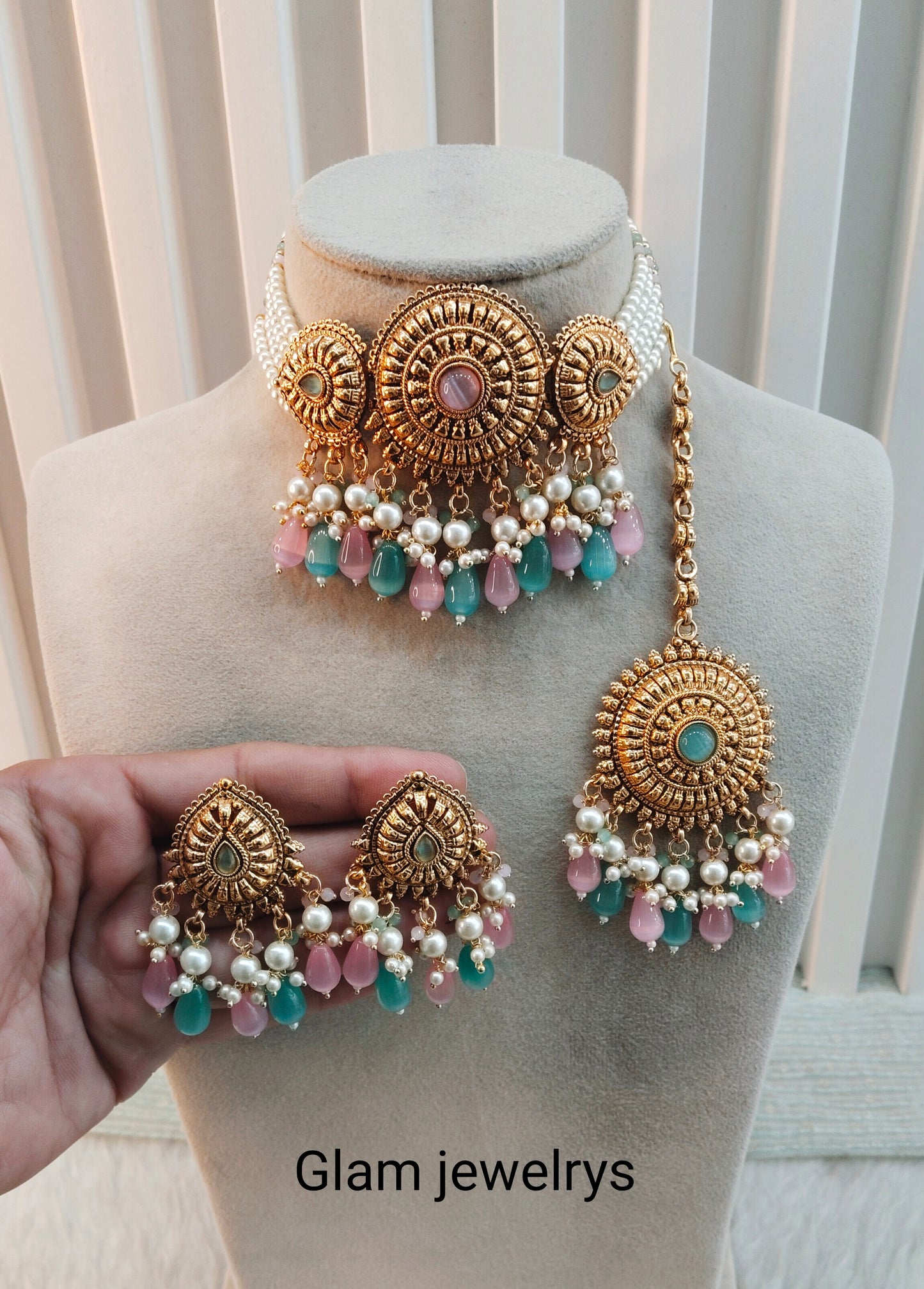 Pink Sage Green Gold Punjabi Choker Indian Jewellery Birpal set