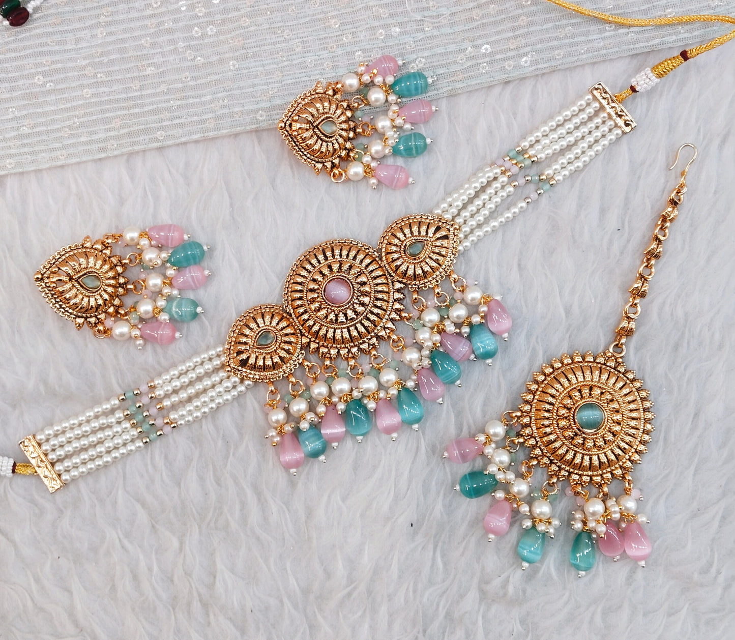 Pink Sage Green Gold Punjabi Choker Indian Jewellery Birpal set