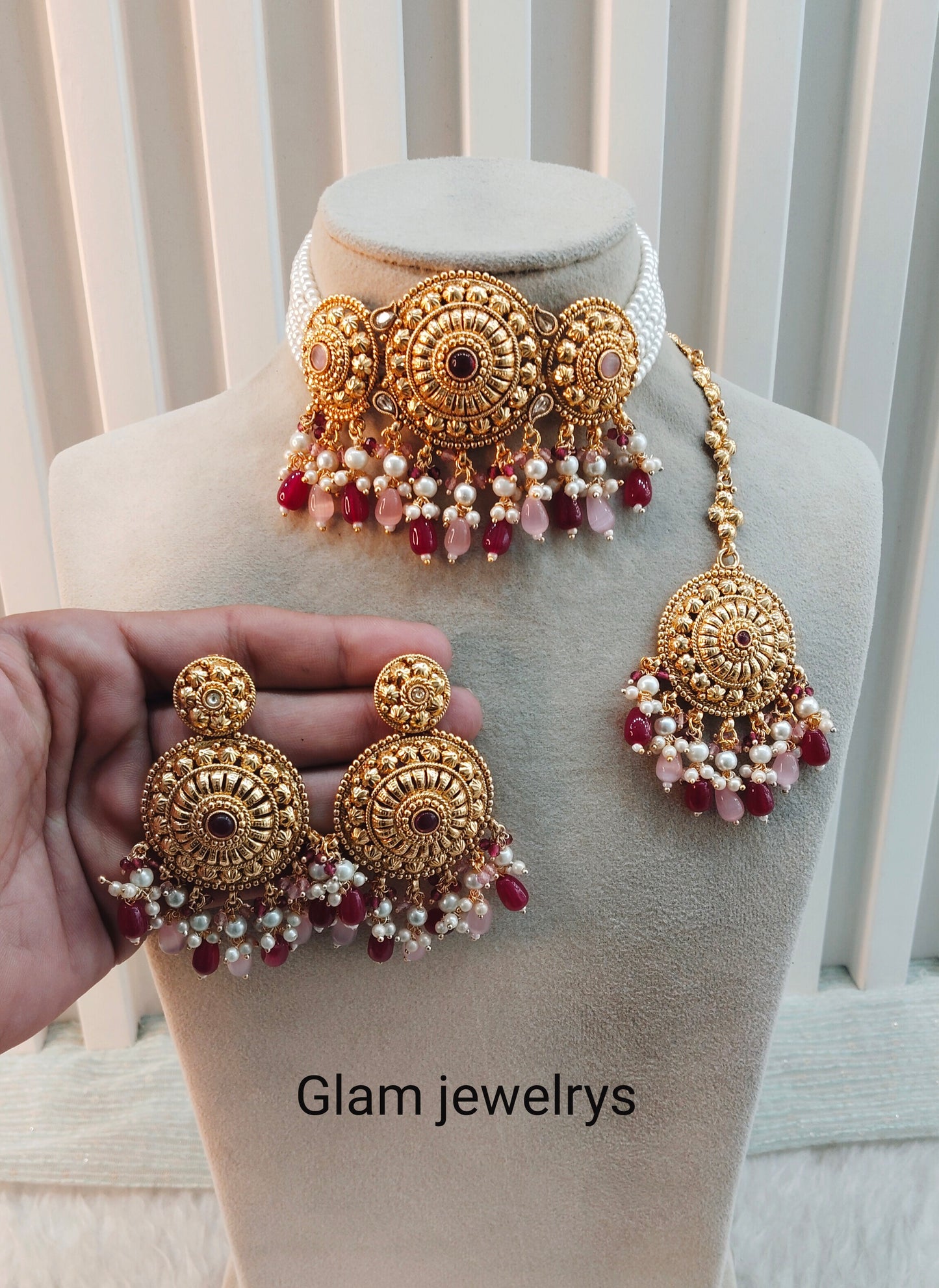 Ruby Pink Gold Punjabi Choker Indian Jewellery Birpal set
