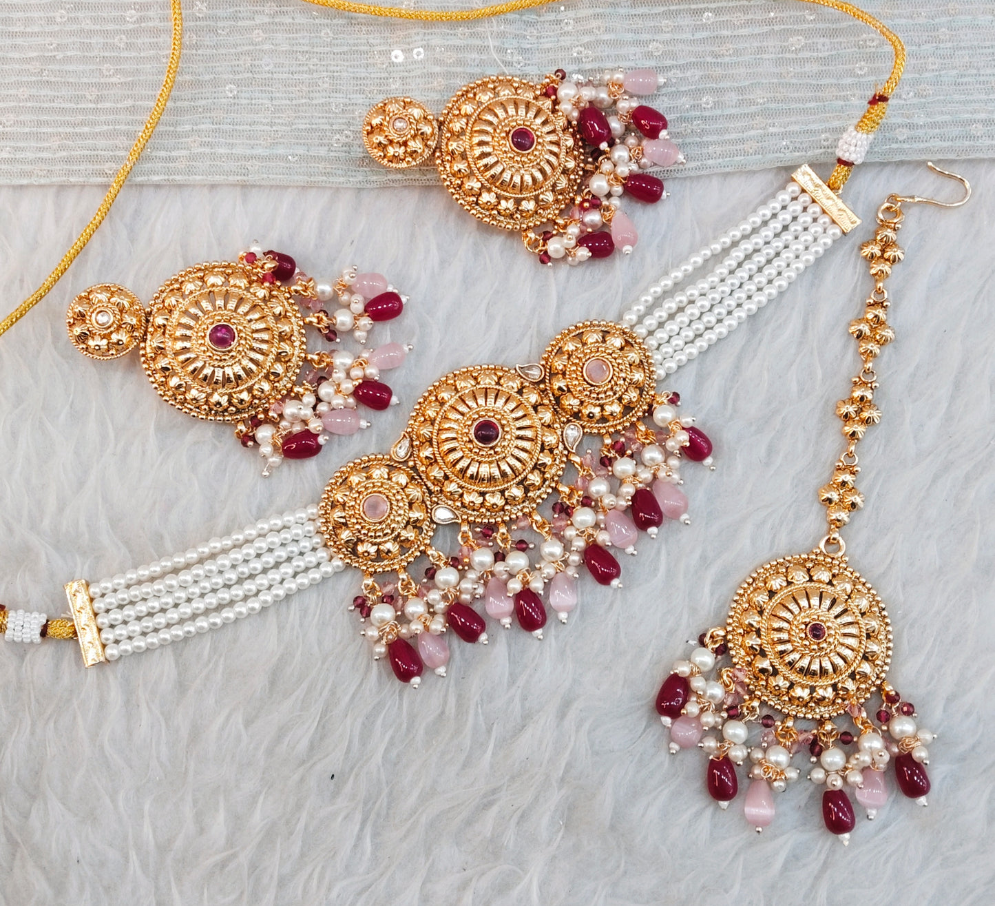 Ruby Pink Gold Punjabi Choker Indian Jewellery Birpal set
