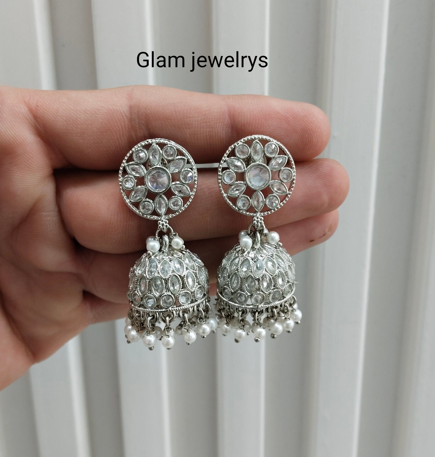 Silver White Indian Jhumki Bollywood Dev Earrings