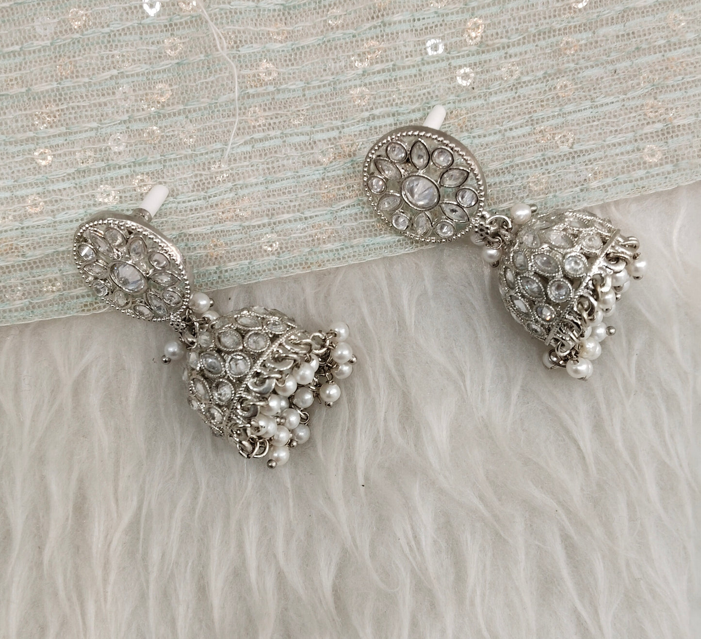 Silver White Indian Jhumki Bollywood Dev Earrings