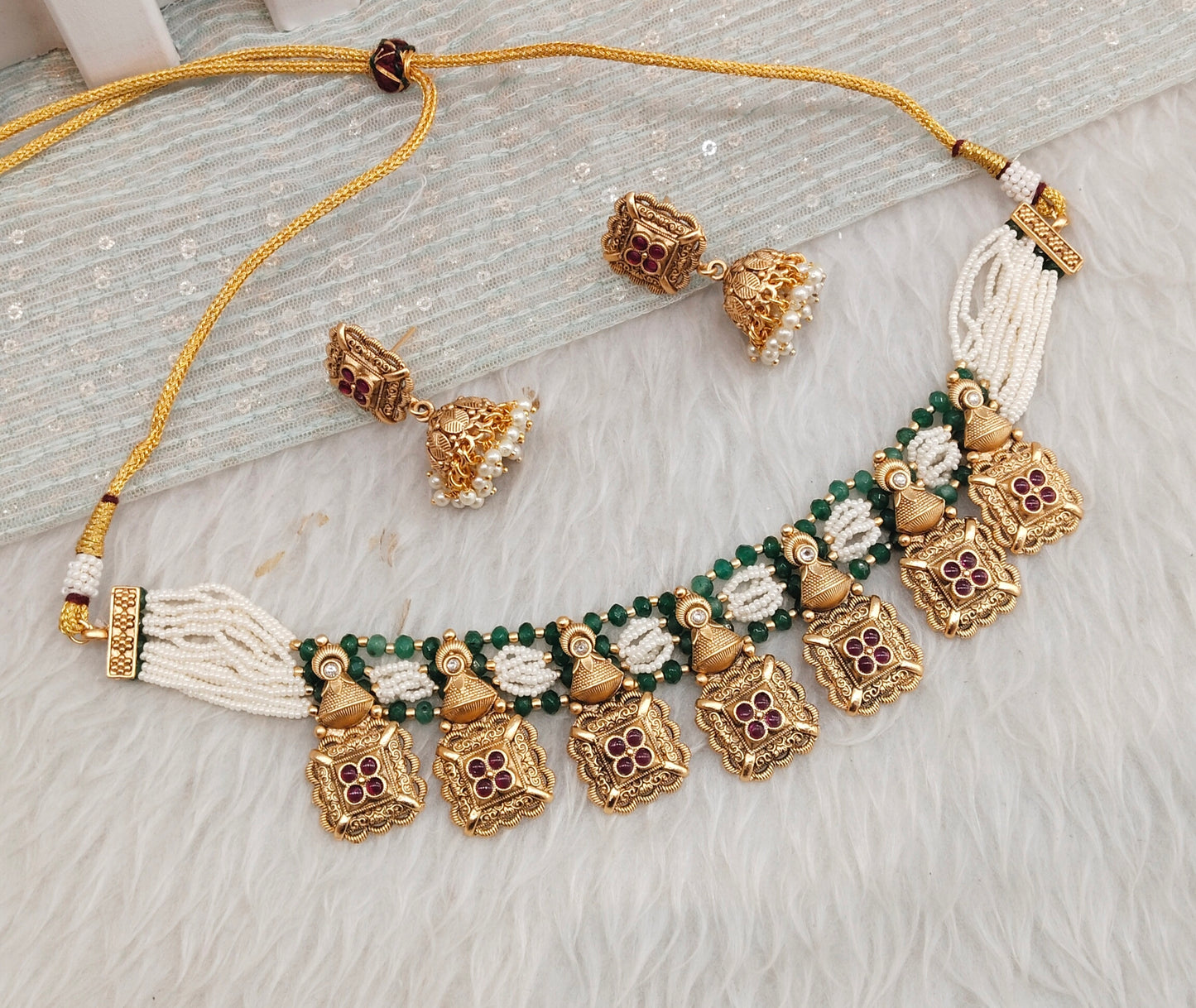 Ruby Sage Green Gold Polki Necklace Indian Jewellery Rana Set
