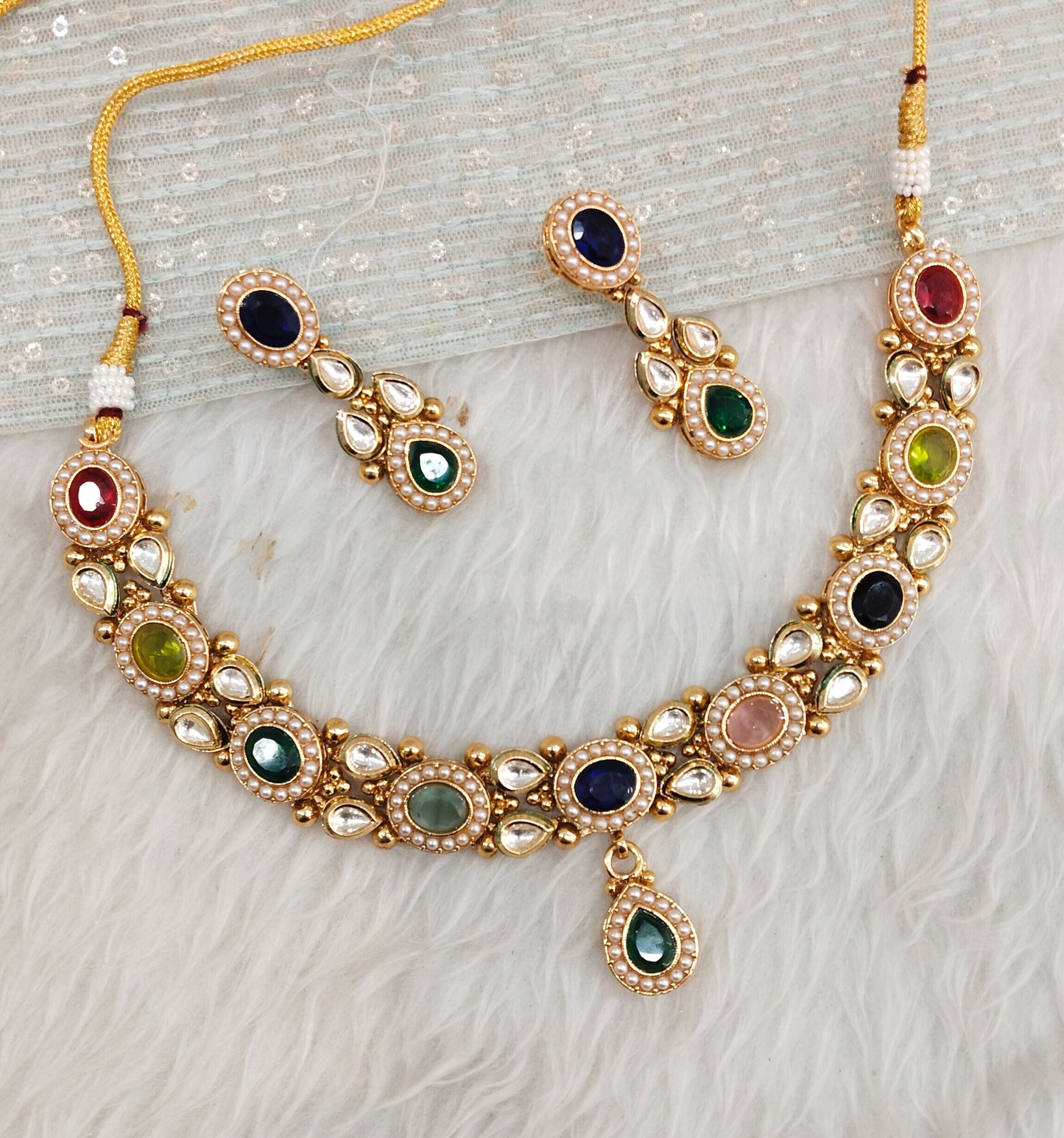 Multi Color Gold Polki Necklace Indian Jewellery Maxwel Set
