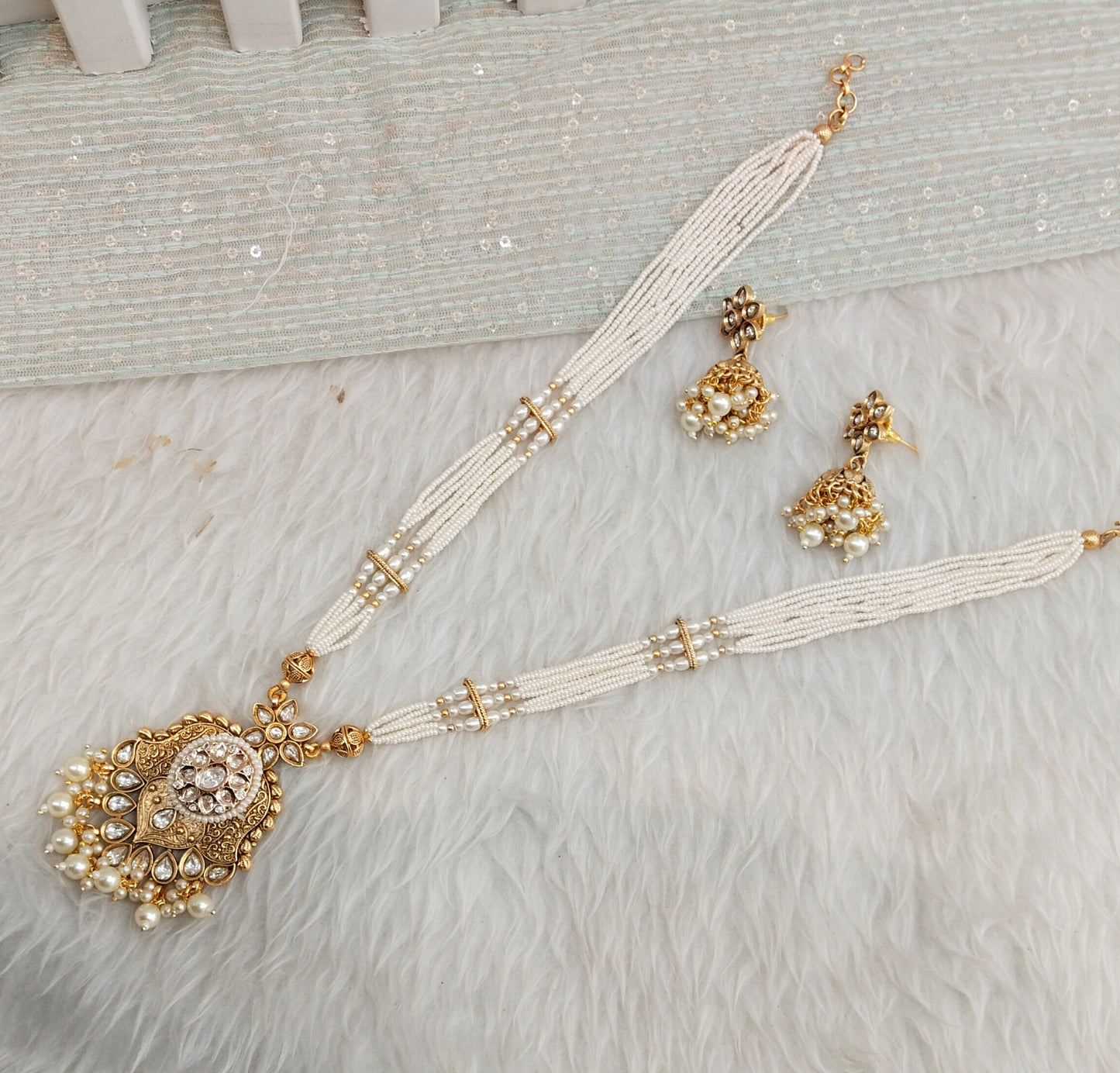 White Gold Polki Long Rani Haar Necklace Indian Jewellery Maxwel Set