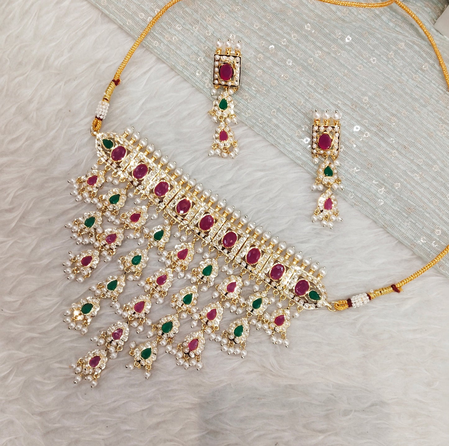 Ruby Green Jadau Punjabi Style Necklace Choker Indian Jewellery Smith Set