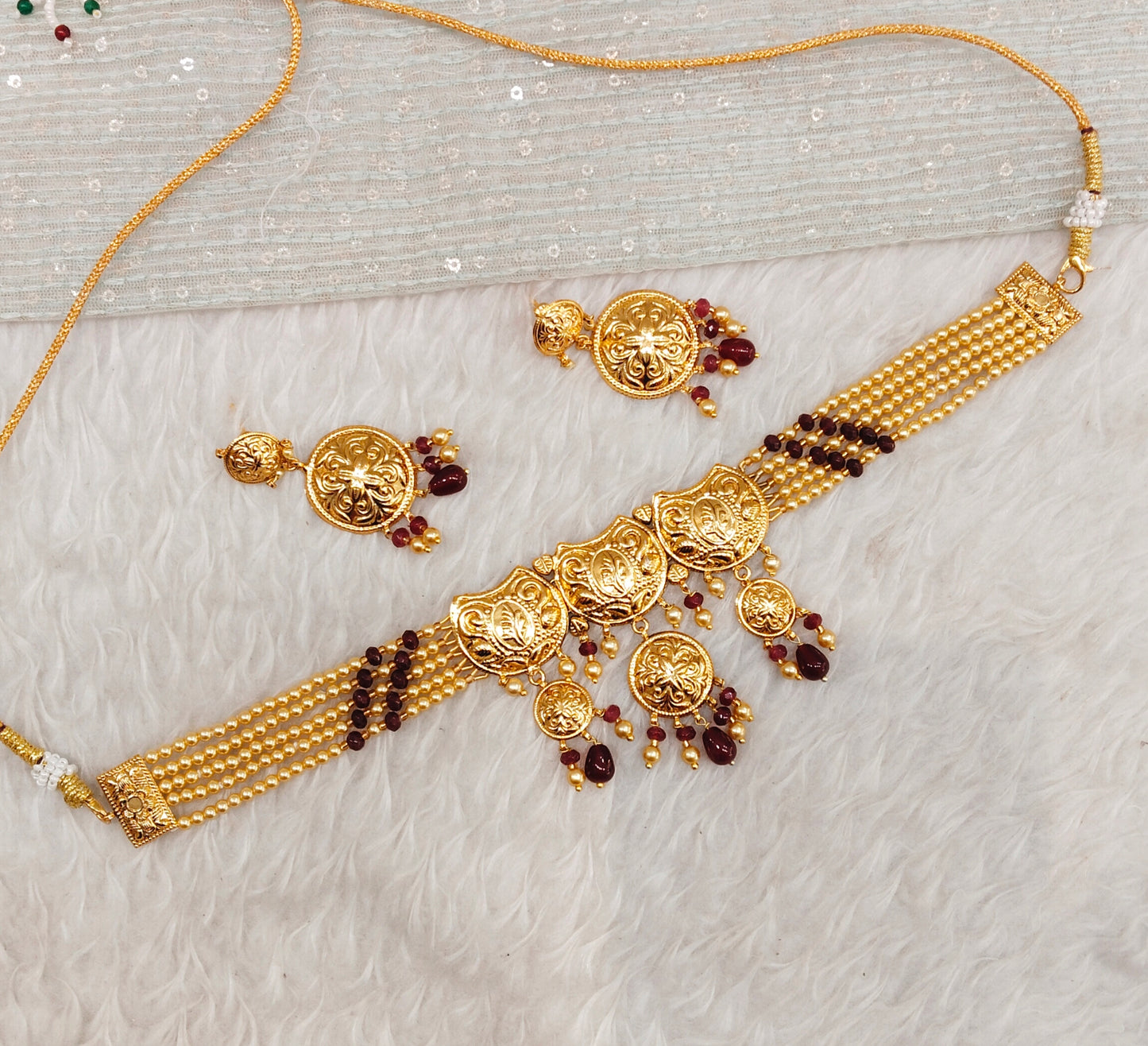 Maroon Gold Jadau Punjabi Style Choker Indian Jewellery Smith Set
