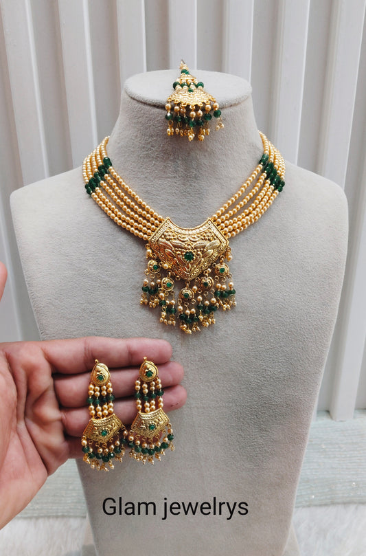Green Gold Jadau Punjabi Style Necklace Indian Jewellery Smith Set