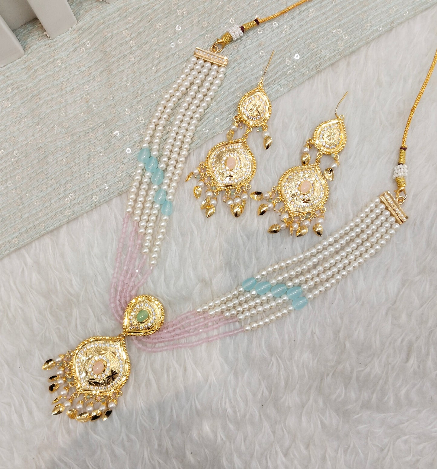 Mint Pink Gold Jadau Punjabi Style Necklace Indian Jewellery Smith Set