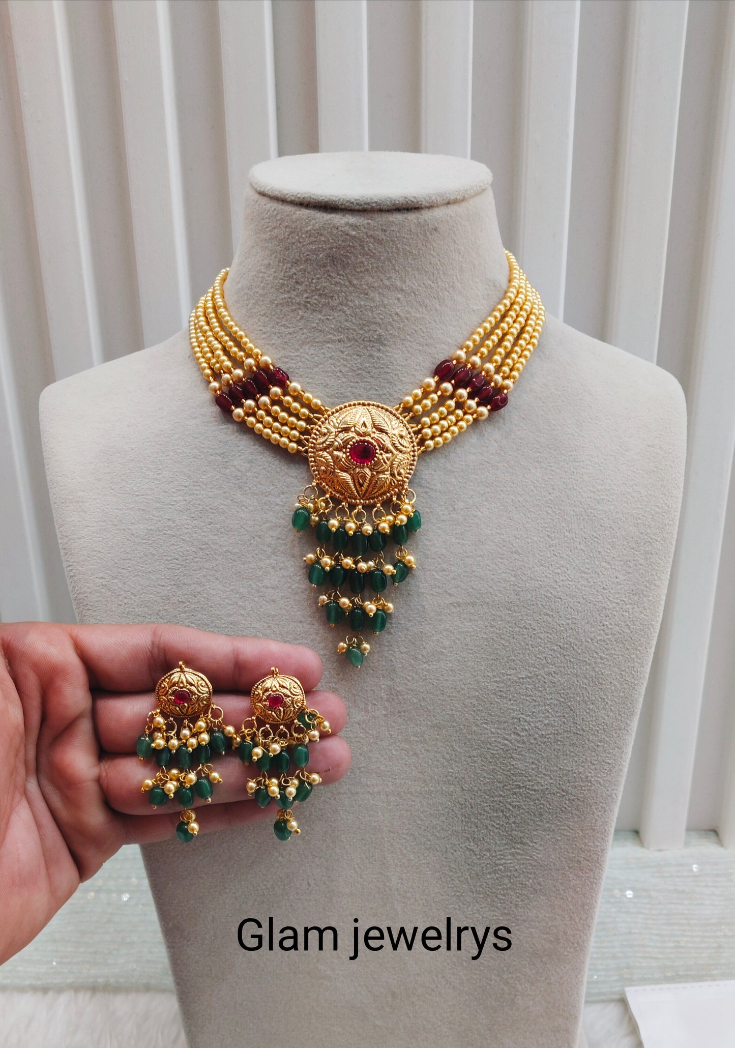 Ruby Green Gold Jadau Punjabi Style Necklace Indian Jewellery Smith Set