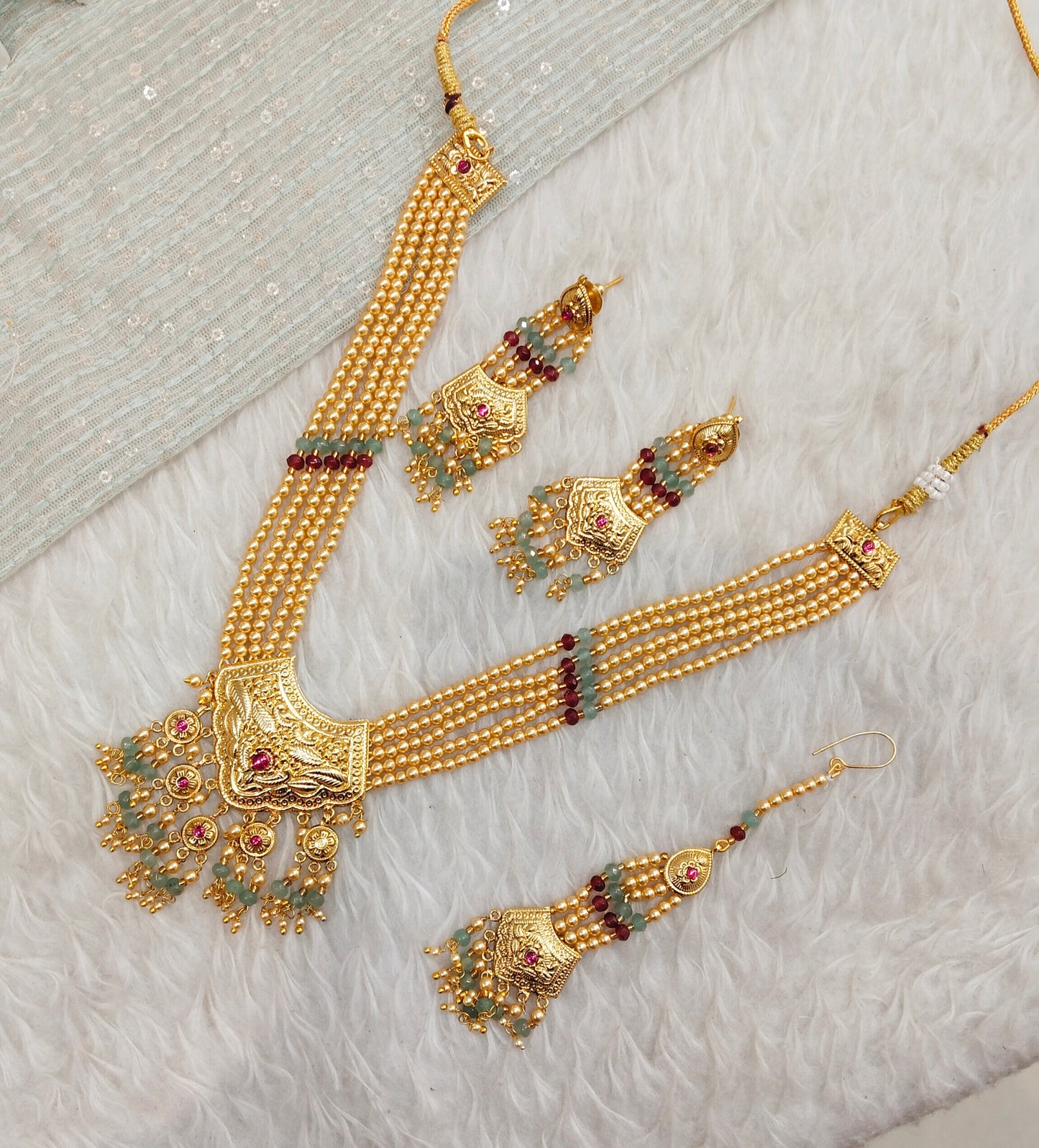 Ruby Sea Green Gold Jadau Punjabi Style Necklace Indian Jewellery Smith Set