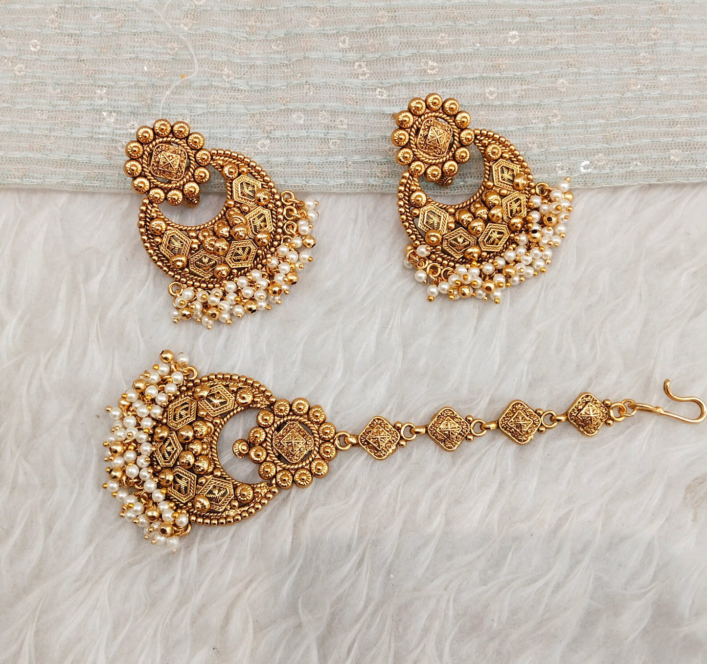 Gold Chandbali Bollywood indian Earrings and Tikka