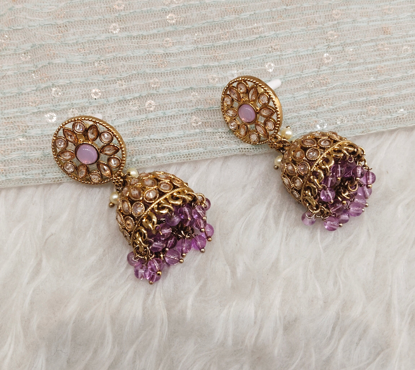 Lavender Antique Gold Jhumki Bollywood indian Earrings