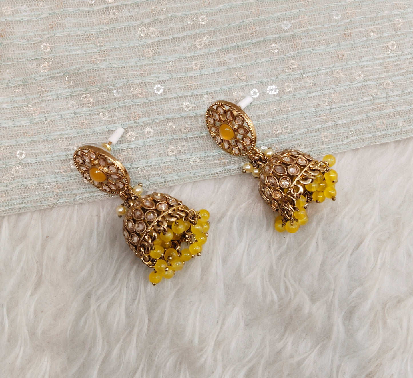 Yellow Antique Gold Jhumki Bollywood indian Earrings