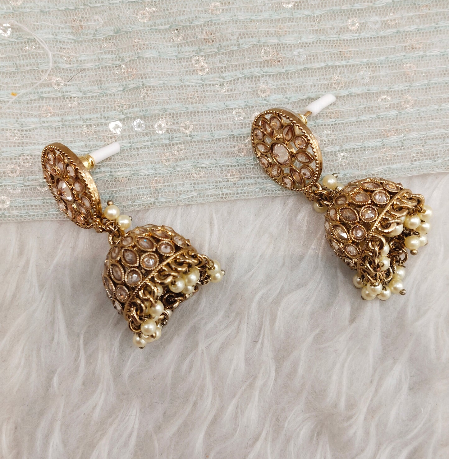 White Antique Gold Jhumki Bollywood indian Earrings