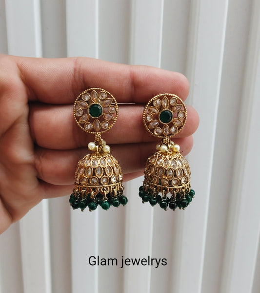Green Antique Gold Jhumki Bollywood indian Earrings