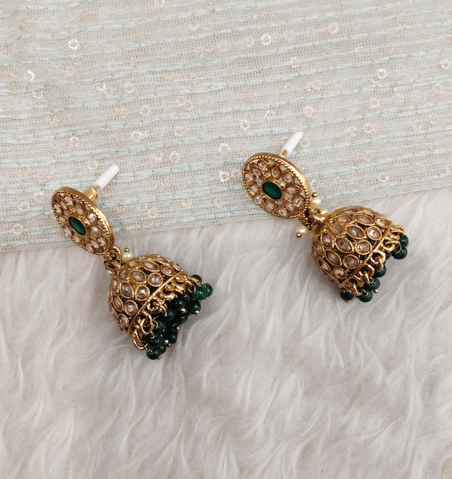 Green Antique Gold Jhumki Bollywood indian Earrings