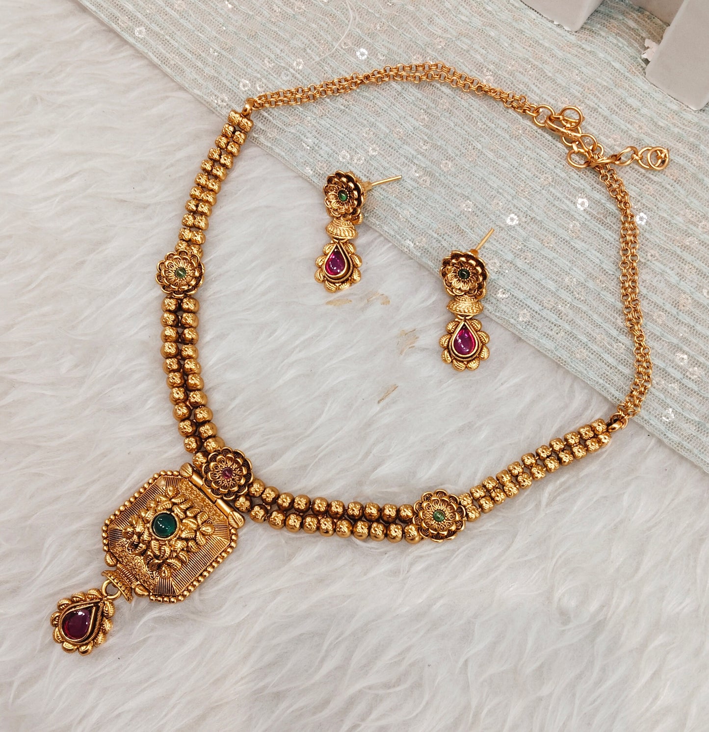 Ruby Green Gold Polki Necklace Indian Jewellery Harf Set