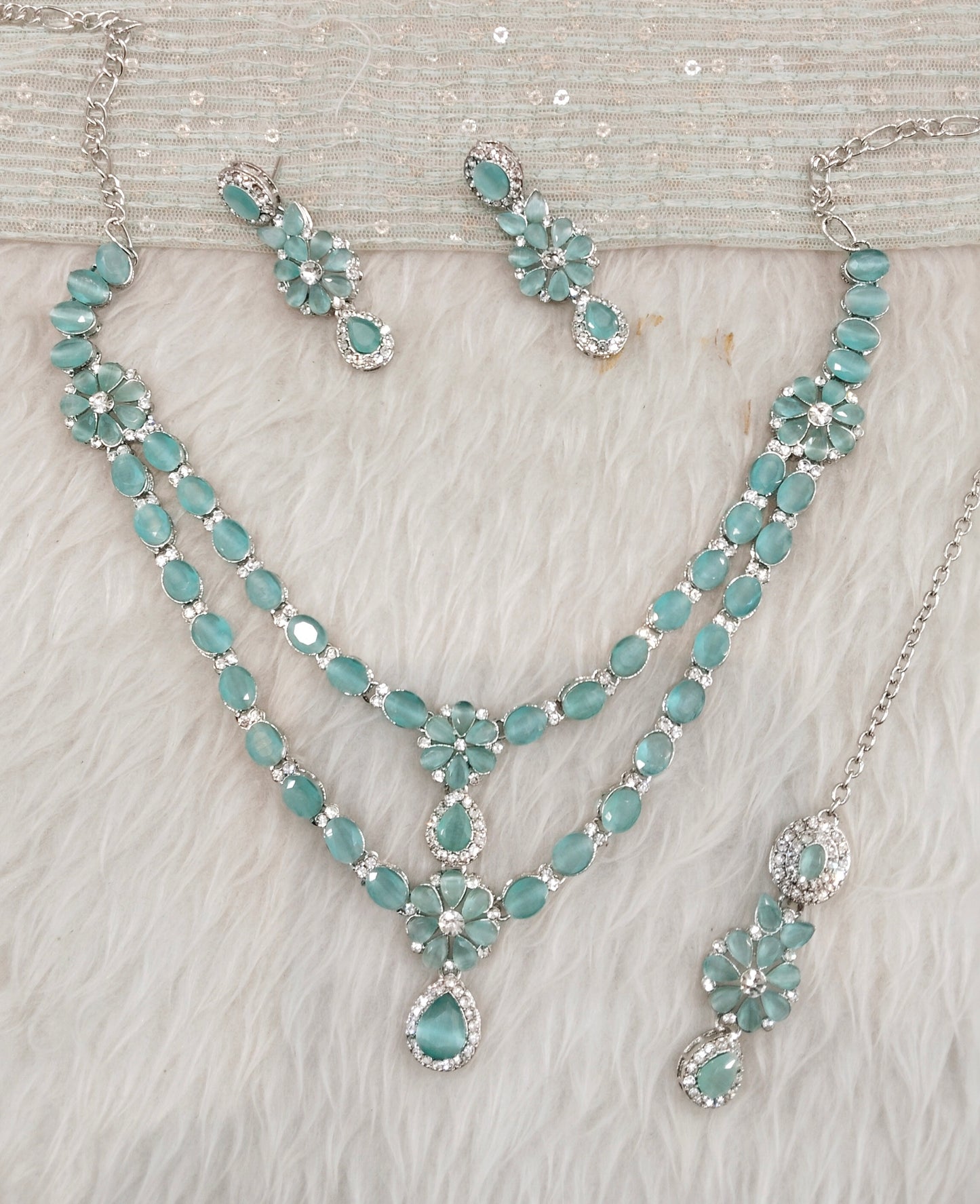 Pista Silver CZ Necklace Indian Jewellery Harteij Set